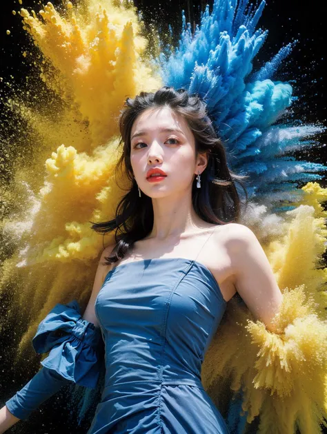 1girl,Colored smoke background,light blue dress,standing,upper body,Explosion smoke,yellow background,<lora:彩è²çé¾èæ¯_v1.0:1>,looking at the viewer,head_down,