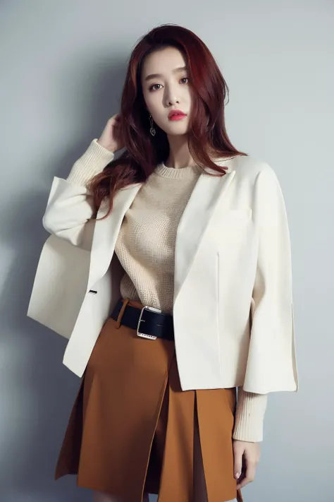 1girl,moyou,White shirt,ginger color cardigan sweater jacket,women's belt,shawls,skirt suit,<lora:ä¸ç¹:0.9>,