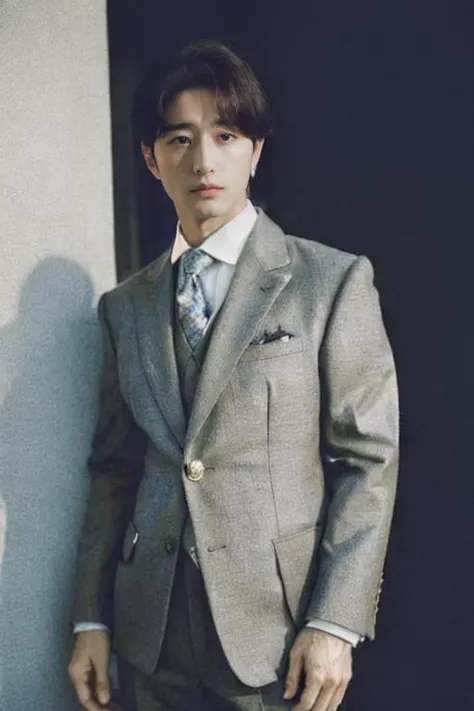 a man in a silver suit standing,<lora:80's_jiaopian:1>,