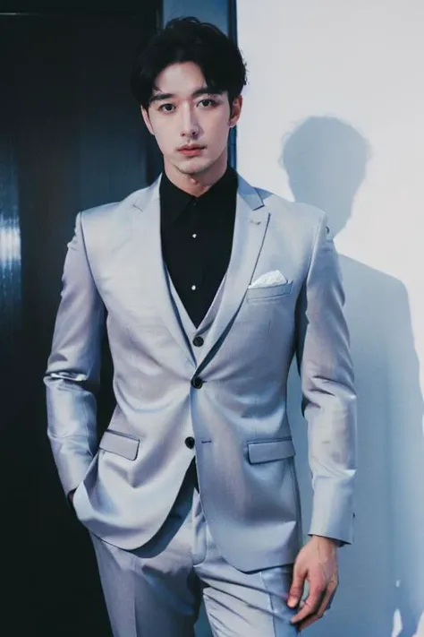 a man in a silver suit standing,<lora:80's_jiaopian:1>,