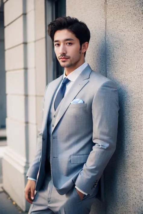 a man in a silver suit standing,