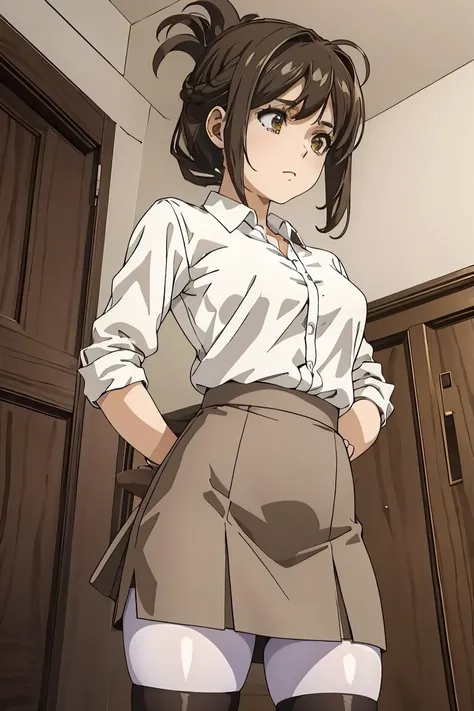 (masterpiece, best quality), 1girl, <lora:Kana Kojima:1> aakojima, brown hair, brown eyes, folded ponytail,bangs, white shirt, skirt, pencil skirt, black pantyhose