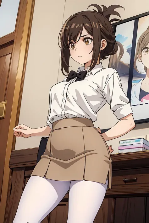 (masterpiece, best quality), 1girl,   <lora:Kana Kojima:1> aakojima, brown hair, brown eyes, folded ponytail,bangs, white shirt, skirt, pencil skirt, black pantyhose