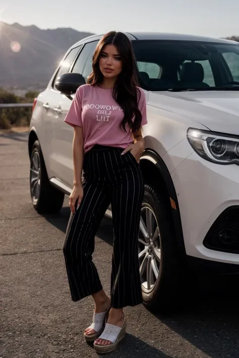(Cinematic Shot:1.3)(Cowboy shot:1.3) Tower13_Deenice (smile:1.3) (skinny, slim, slender, narrow waist:1.3)BREAK (Wearing Pink and Black Lycra Striped wide-leg pants, white t-shirt, espadrille wedges:1.3) BREAK (Outside of a Car , in Europe:1.3) ((Photo Focus, DOF, Aperture, insanely detailed and intricate, character, hypermaximalist, hyper realistic, super detailed, (lens flare)))<lora:exposure_control_v10:-0.3> <lora:more_details:0.3>