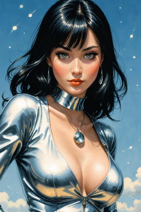 comic book illustration<lora:comic_book_illustration:3.00> by ((( Catherine Hyde ) and Hajime Sorayama ) and Bedwyr Williams ) and Arthur Hacker , cute fit 18 year old woman, plunging necklace, bodycon, <lora:clothing_slider:7><lora:chest_adjust:4> , dof, <lora:more_art:0.40><lora:faetastic:0.25><lora:midjourney:0.15>