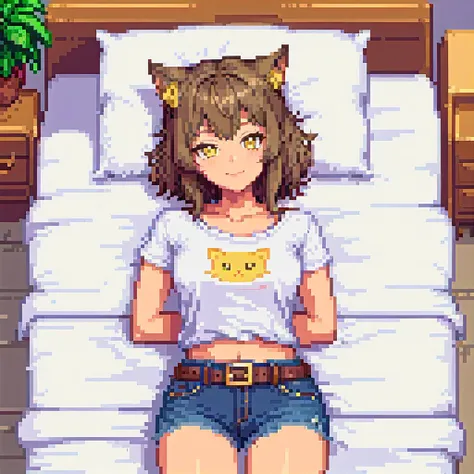 pixel art, very high detail, masterpiece, 1catgirl, solo, muscular,  portrait, mature, animal ears, catears,  yellow cateyes, dark ash hair, flirting, light smile, :3, blush, collarbone, ribbon in hair,  cowboy shirt, jeans shorts, wide belt, outdoor,  laying on bed,  head on pillow, posing to viewer, <lora:add-detail-xl:3>,  <lora:chest_adjust:-3>,   <lora:pixelbuildings128-v2:1>