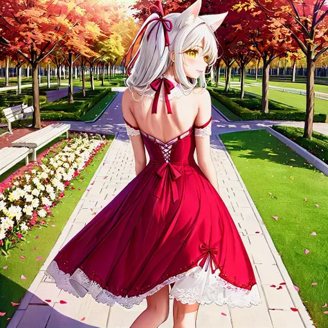 very high detail, masterpiece, from behind, 1catgirl, solo, full body, mature, small breasts, animal ears, catears,  cateyes,  yellow eyes, white ash hair, surprised, light smile, :3, blush, lace, collarbone, ribbon in hair,  deep neckline, ruby long ball dress, outdoor, sakimistyle, walking in park, <lora:add-detail-xl:3>,  <lora:chest_adjust:-15>,   <lora:SakimiArtStyleXL:1>