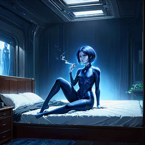 light particles, soft lighting, volumetric lighting, intricate details, very high detail, 1girl, mature, athletic, small breasts, full body, concept art Cinematic scene, hero view, Cortana, <lora:cortana_xl_v3:1>, action pose, detailed background, masterpiece, best quality, high quality, absurdres . digital artwork, illustrative, painterly, matte painting, highly detailed, perfect hands, cabin, lying on the bed, smoking a cigarette, <lora:chest_adjust:-5>, <lora:Perfect Hands:1>