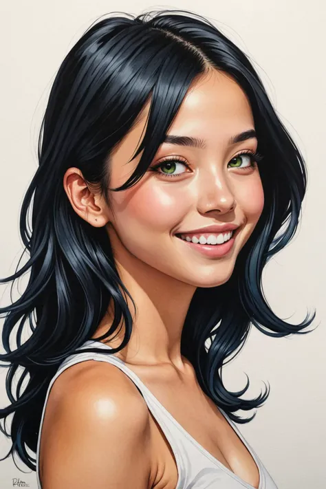 side view of a cute 18yo Costa Rican girl's face and body by Harumi Hironaka and Aaron Jasinski and Duy Huynh, huge smile, v neck, big bright eyes <lora:chest_adjust:2>