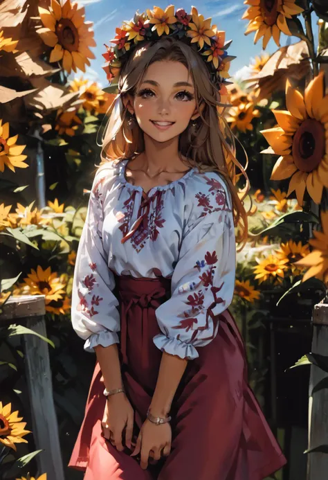 score_9, score_8_up, score_7_up, anime style, 1girl, mature, small breasts, collarbone, jewelry, makeup, long eyelashes, thick eyelashes, haircut, wreath of flowers, red with white edgVyshivanka ornate shirt, red skirt, deep neckline, boots, outdoor, posing at viewer, flirting, sunflower field, looking at viewer, happy smile, teeth, cute, intricate details, <lora:add-detail-xl:2>, <lora:chest_adjust:-7>, <lora:covered navel XL-v1:1>, <lora:edgVyshivankaPonyv1:1>, <lora:Anime Summer Days Style SDXL_LoRA_Pony Diffusion V6 XL:1>