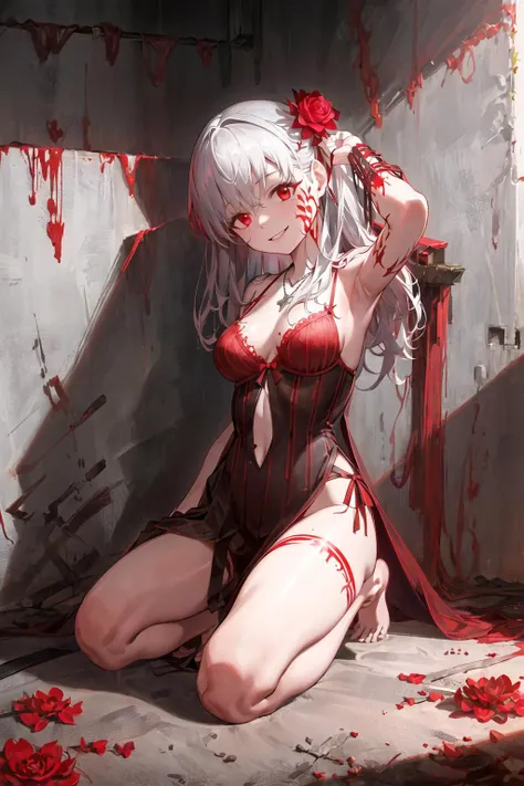outdoor,(full of cutlery in the prison ,in the rotting prison ,kneeling on the ground:1.1), closed up,(sketch:1.1),original,(illustration:1.1),(best quality),(masterpiece:1.1),(beautiful background:1.25), (watercolor:0.65), ultra detailed, 1girl, solo,apocalypse,Judgment Day,
((from below,perfect body ,perfectanatomy,shadow,volcano, crater, deep shadow, shadow in the light))
, with red luminous , red light particles, red shadow,red smoke,blood style necromorph, blood flower on the ground, red bra,red lighting,dark theme , super dark ,atmospheric reentry, dark atmospheric , rose,full of rose, rose theme ,rose texture, ,
torture ,
(bare legs, knees:1.1), armpits, head tilt,bare foot,
necklace, narrow waist, crazy smile,
Matou Sakura , dark sakura is a prisoner,silver hair ,
red eyes,
black dress,
long hair, evil smile, red ribbon, striped dress,
(body markings, corruption,striped ) <lora:darkSakuraFateStay_v1:0.6>