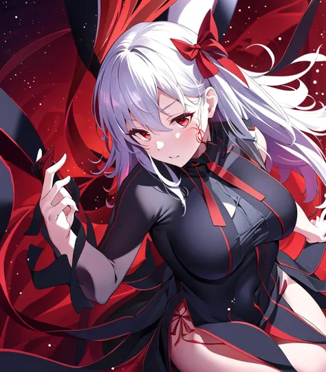 masterpiece, best quality, 1girl, <lora:darkSakuraFateStay_v1:0.7>, dark sakura, long hair, black dress, red ribbon, large breasts, classroom