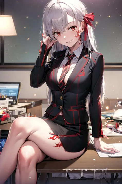 masterpiece, best quality, detailed, indoors, desk, sitting, business suit, formal, necktie, black jacket, pencil skirt, chair, hand on own thigh, crossed legs, desk lamp,
<lora:DarkSakuraV1:0.7>, dark sakura, bikini, long hair, evil smile, red ribbon, striped, thighs, body markings, corruption