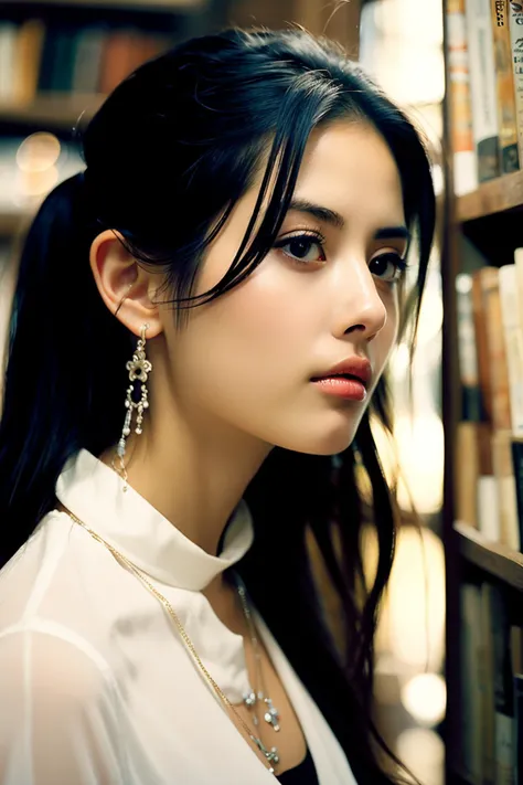 BJ_Pure_Realistic, 1girl, solo, long_hair, black_hair, jewelry, ponytail, earrings, necklace, blurry, black_eyes, lips, realistic, nose, bookshelf,
cinematic lighting,strong contrast,high level of detail,Best quality,masterpiece,White background,