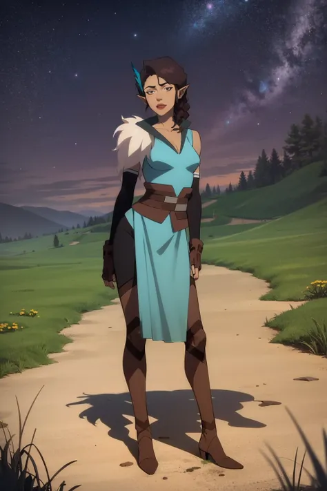 masterpiece, best quality, 1girl, vexahlia, brown hair, brown eyes, braid, dark skin, pointy ears, blue dress, fur shoulder pad, fingerless gloves, black leggings, boots, full body, looking at viewer, standing, contrapposto, night, starry sky, meadow background <lora:Vexahlia:1>