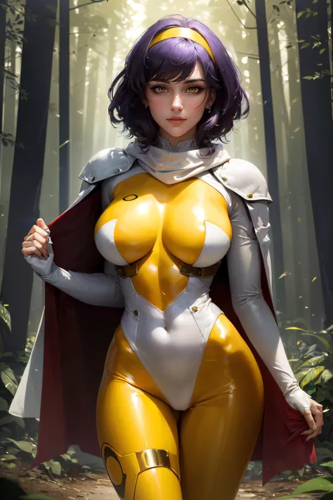 (masterpiece, best quality, ultra detailed, absurdres)1.5, 1girl, (sexy, beautiful woman, perfect face, perfect eyes, perfect female body, large breasts)1.5, (lambda, yellow bodysuit, white leotard, red cape, medium hair, purple hair, white headband, <lora:Lambda052:0.8>), (standing, outdoors, forest), perfect lighting, smooth, hdr