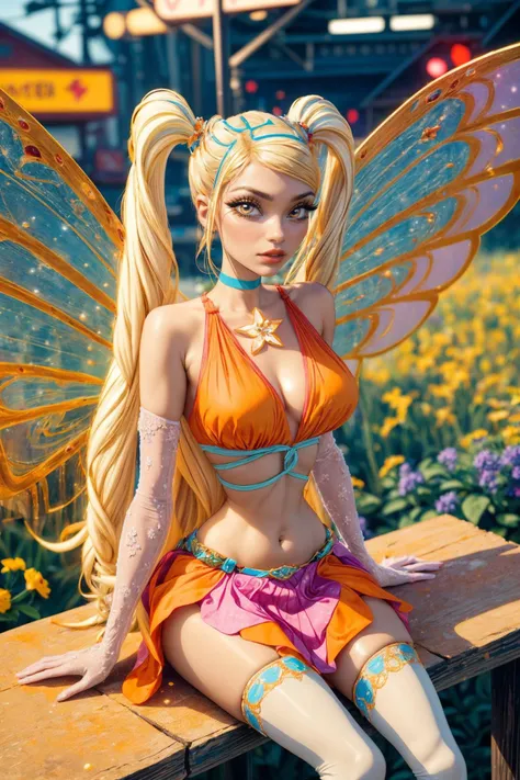 (ultra realistic,32k, masterpiece:1.2),(high detailed skin:1.1),( high quality:1.1),
<lora:WinxClubEnchantixStella:0.8>Stella,(mascara, long lashes:1.1), blonde hair, yellow eyes, wings, midriff, orange top, skirt, very long hair,twintails,thighhighs, flower field, flowers,sunshine, pollen, pollen particles, blurry background,,(looking at viewer, sitting, crossed legs:1.1),, (huge breast,large breast:1.2),<lora:add_detail:0.9>,
(refraction:1.1),