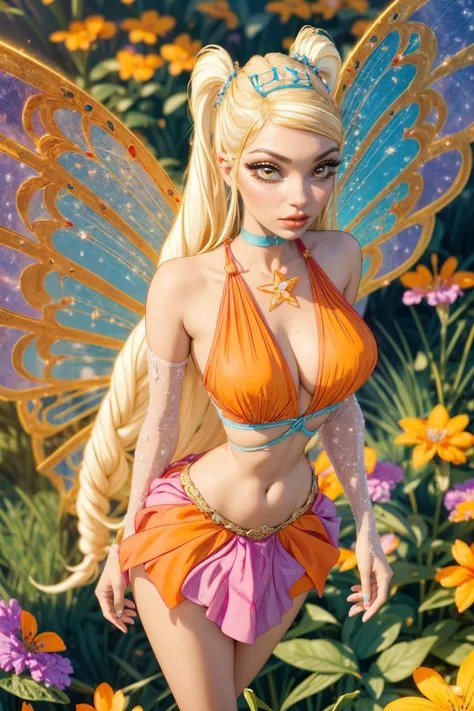 Sexy female elf. Young, blond hair, fair and smooth skin. white large bow on her back, Green eyes. big silicone breasts, Piercings, lot of tattoos, golden earing with green jewel. Yellow and black unitard with tight black shorts, in forest, sunrise, bokeh