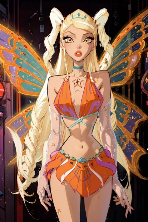 (Stella:1.5), blonde hair, very long hair, yellow eyes, wings, midriff, orange top, skirt, (realistic:1.2), (masterpiece:1.2), (full-body-shot:1),(Cowboy-shot:1.2), neon lighting, dark romantic lighting, (highly detailed:1.2),(detailed face:1.2), (gradients), colorful, detailed eyes,, (natural lighting:1.2), solo  <lora:WinxClubEnchantixStella-10:0.9> <lora:add_detail:0.3> <lora:BeautifulEyes:0.6>