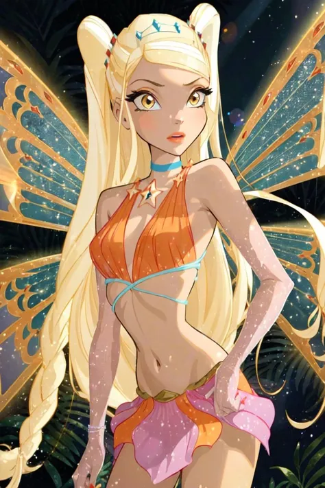 (Stella:1.5), blonde hair, very long hair, yellow eyes, wings, midriff, orange top, skirt, forest background, sun rays, (realistic:1.2), (masterpiece:1.2), (full-body-shot:1),(Cowboy-shot:1.2), neon lighting, dark romantic lighting, (highly detailed:1.2),(detailed face:1.2), (gradients), colorful, detailed eyes, (natural lighting:1.2), solo <lora:WinxClubEnchantixStella-10:0.9> <lora:add_detail:0.3> <lora:BeautifulEyes:0.6>
