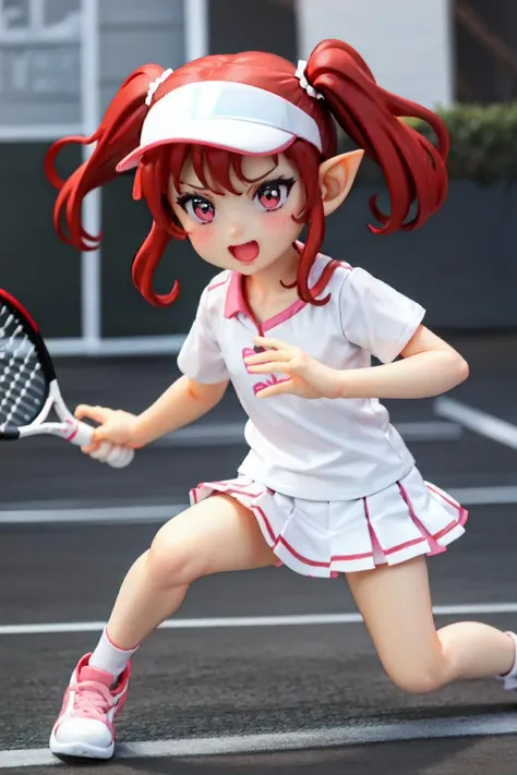 lyamon,1girl, (AS-YoungestV2:1.3), solo,yellow skin, pink sclera, black eyes, red hair, medium hair, twintails,pointy ears, playing tennis, white pleated skirt, white t-shirt, short short sleeves, tennis court, (white visor:1.1),happy, white tennis shoes,tennis racket, (best quality, masterpiece) <lora:lyamon_v1:1>