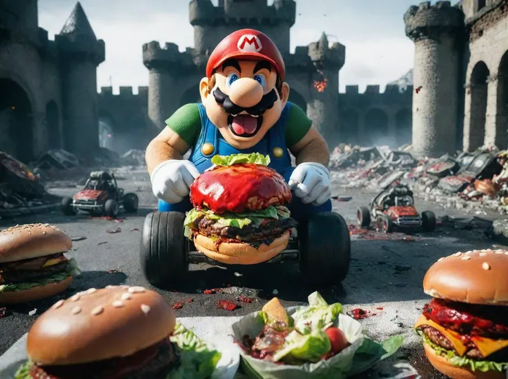 Super Mario is enjoying burgers in demolished Bowser castle with demolished karts <lora:lora_blood_v1_from_v1_160:0.8> bloodyface, blood, bleeding. The cars are covered with salad. <lora:RMSDXL_Darkness_Cinema:1.4> <lora:sd_xl_dpo_lora_v1:1>, <lora:LCM_LoRA_Weights:1>