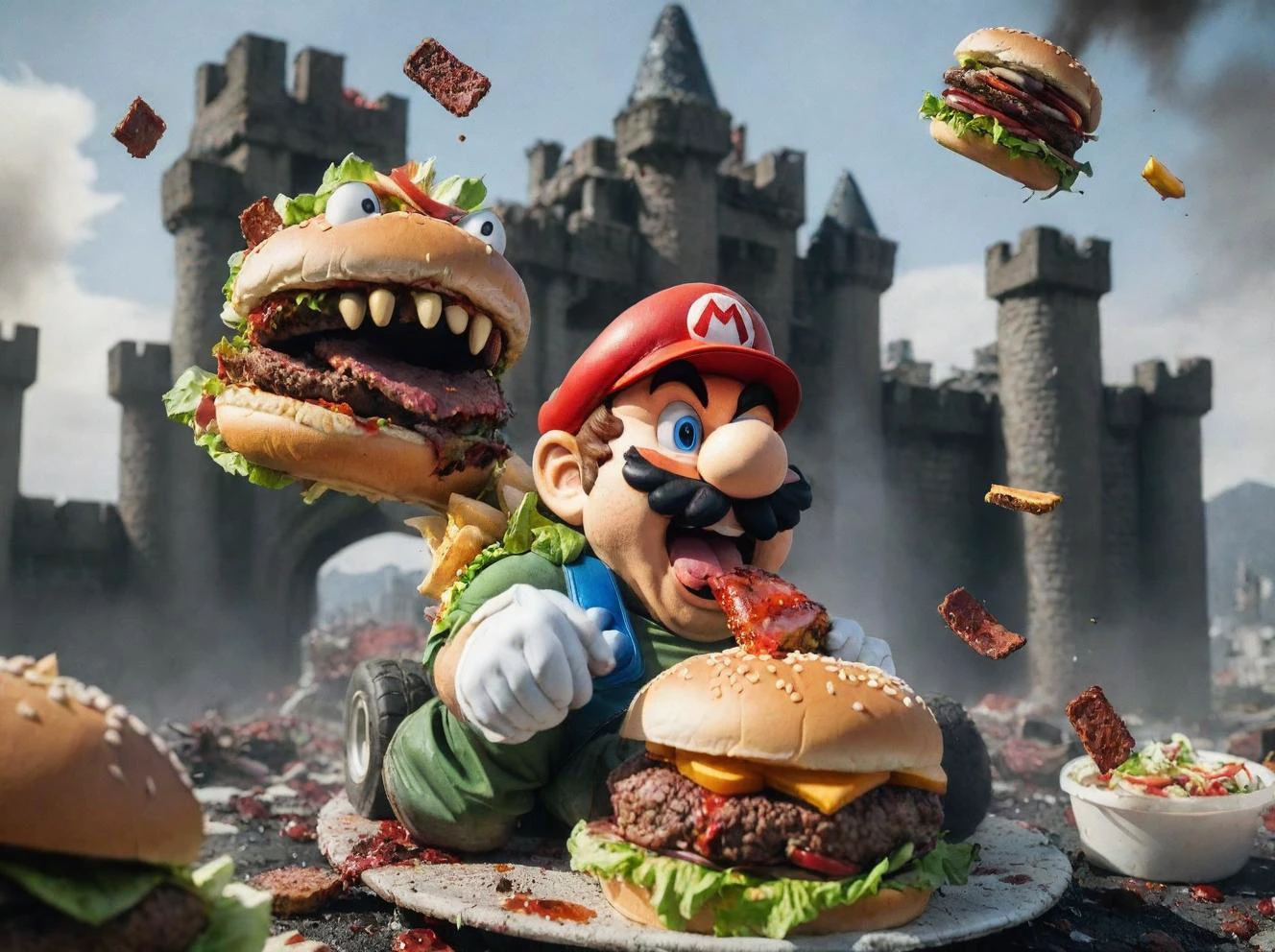 Super Mario is enjoying burgers in demolished Bowser castle with demolished karts <lora:lora_blood_v1_from_v1_160:0.8> bloodyface, blood. The karts are covered with salad. Burgers, salad and beef flying through the air. Ketchup flowing all over the place. <lora:RMSDXL_Darkness_Cinema:1.4> <lora:sd_xl_dpo_lora_v1:1>, <lora:LCM_LoRA_Weights:1>
