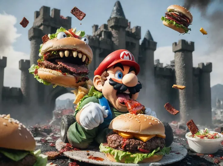 Super Mario is enjoying burgers in demolished Bowser castle with demolished karts <lora:lora_blood_v1_from_v1_160:0.8> bloodyface, blood. The karts are covered with salad. Burgers, salad and beef  flying through the air. Ketchup flowing all over the place. <lora:RMSDXL_Darkness_Cinema:1.4> <lora:sd_xl_dpo_lora_v1:1>, <lora:LCM_LoRA_Weights:1>