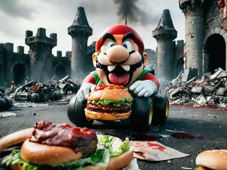 (((Bleeding))) Super Mario is enjoying burgers in demolished Bowser castle with demolished karts <lora:lora_blood_v1_from_v1_160:0.8> bloodyface, blood. The cars are covered with salad. <lora:RMSDXL_Darkness_Cinema:1.4> <lora:sd_xl_dpo_lora_v1:1>, <lora:LCM_LoRA_Weights:1>