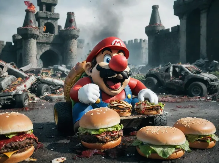 (((Bleeding))) Super Mario is enjoying burgers in demolished Bowser castle with demolished karts <lora:lora_blood_v1_from_v1_160:0.8> bloodyface, blood. The cars are covered with salad. <lora:RMSDXL_Darkness_Cinema:1.4> <lora:sd_xl_dpo_lora_v1:1>, <lora:LCM_LoRA_Weights:1>