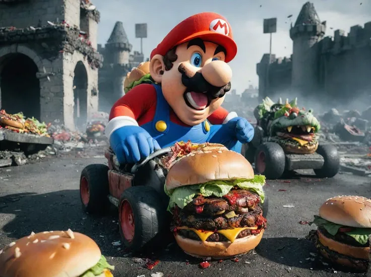 Super Mario is enjoying burgers in demolished Bowser castle with demolished karts <lora:lora_blood_v1_from_v1_160:0.8> bloodyface, blood, bleeding. The cars are covered with salad. <lora:RMSDXL_Darkness_Cinema:1.4> <lora:sd_xl_dpo_lora_v1:1>, <lora:LCM_LoRA_Weights:1>