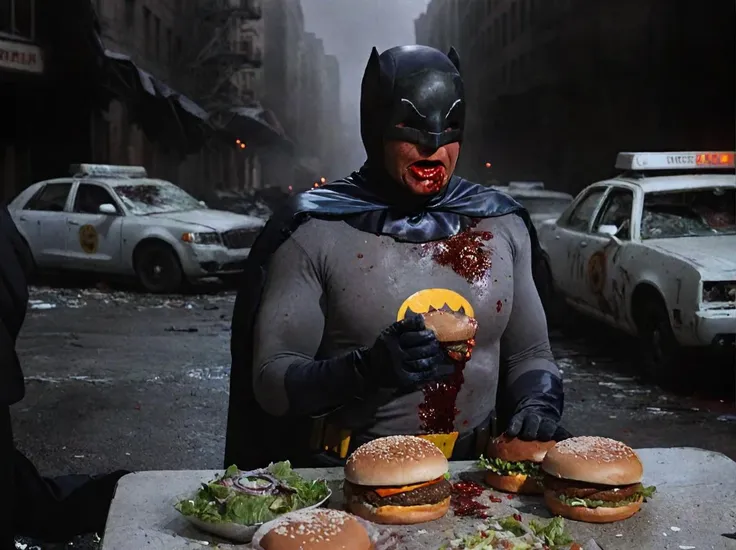 <lora:b4tm4n-v2:0.8> b4tm4n man is enjoying burgers in a demolished Gotham City with demolished cop cars <lora:lora_blood_v1_from_v1_160:0.8> bloodyface, blood, bleeding. The cars are covered with salad. <lora:RMSDXL_Darkness_Cinema:1.4> <lora:sd_xl_dpo_lora_v1:1>, <lora:LCM_LoRA_Weights:1>