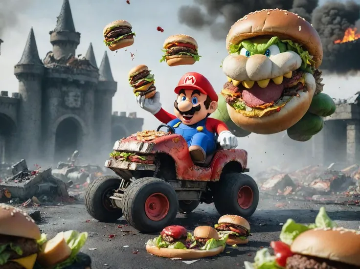 Super Mario is enjoying burgers in demolished Bowser castle with demolished karts <lora:lora_blood_v1_from_v1_160:0.8> bloodyface, blood. The cars are covered with salad. Burgers, salad and beef  flying through the air. Ketchup all over the place. <lora:RMSDXL_Darkness_Cinema:1.4> <lora:sd_xl_dpo_lora_v1:1>, <lora:LCM_LoRA_Weights:1>