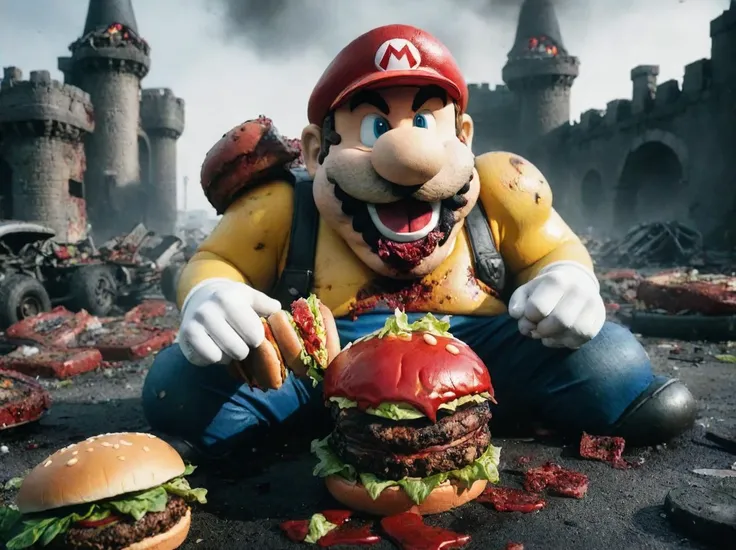 (((Bleeding))) Super Mario is enjoying burgers in demolished Bowser castle with demolished karts <lora:lora_blood_v1_from_v1_160:0.8> bloodyface, blood. The cars are covered with salad. <lora:RMSDXL_Darkness_Cinema:1.4> <lora:sd_xl_dpo_lora_v1:1>, <lora:LCM_LoRA_Weights:1>