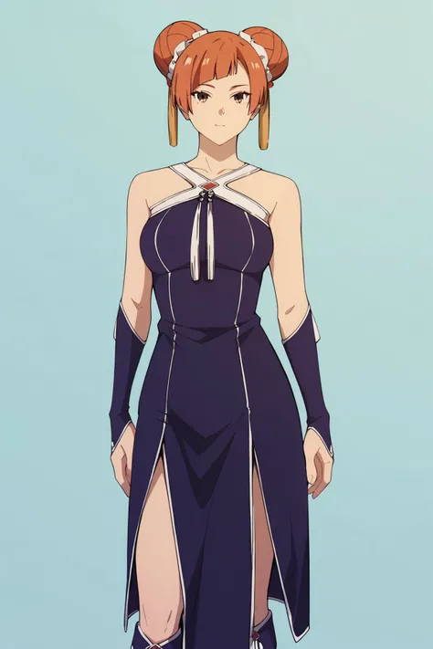 china dress,purple dress,sleeveless,halterneck,bridal gauntlets,knee boots,purple footwear <lora:SousouNoFrieren_LaufenXL:0.8> LaufenSSnF,orange hair,short hair,hair bun,brown eyes,tassel, <lora:age_slider_v4:4>, Score_9, Score_8_up, Score_7_up, Score_6_up, Score_5_up, Score_4_up, BREAK,1girl in full growth, best quality, masterpiece, ultra-detailed, high quality,good quality,1 girl,(master piece,high resolution, ultra detailed,8K,16K),look at viewer
