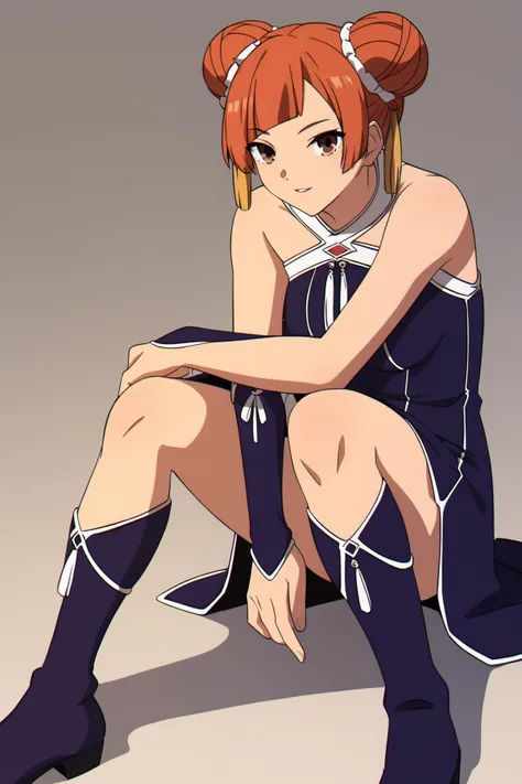 china dress,purple dress,sleeveless,halterneck,bridal gauntlets,knee boots,purple footwear <lora:SousouNoFrieren_LaufenXL:0.8> LaufenSSnF,orange hair,short hair,hair bun,brown eyes,tassel, <lora:Sadakage_xl2:1> sadakage, Score_9, Score_8_up, Score_7_up, Score_6_up, Score_5_up, Score_4_up, BREAK,1girl in full growth, best quality, masterpiece, ultra-detailed, high quality,good quality,1 girl,(master piece,high resolution, ultra detailed,8K,16K),look at viewer