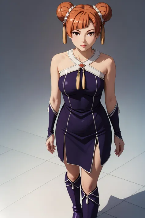 china dress,purple dress,sleeveless,halterneck,bridal gauntlets,knee boots,purple footwear <lora:SousouNoFrieren_LaufenXL:0.8> LaufenSSnF,orange hair,short hair,hair bun,brown eyes,tassel <lora:RealisticAnime:1> (ultra realistic, 32k, masterpiece:1.2), (high detailed skin:1.1), (high quality:1.1),, Score_9, Score_8_up, Score_7_up, Score_6_up, Score_5_up, Score_4_up, BREAK,1girl in full growth, best quality, masterpiece, ultra-detailed, high quality,good quality,1 girl,(master piece,high resolution, ultra detailed,8K,16K),look at viewer