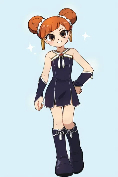 china dress,purple dress,sleeveless,halterneck,bridal gauntlets,knee boots,purple footwear <lora:SousouNoFrieren_LaufenXL:0.8> LaufenSSnF,orange hair,short hair,hair bun,brown eyes,tassel, <lora:powerpuff_girls_Kim_Crab_style:1> powerpuff, Score_9, Score_8_up, Score_7_up, Score_6_up, Score_5_up, Score_4_up, BREAK,1girl in full growth, best quality, masterpiece, ultra-detailed, high quality,good quality,1 girl,(master piece,high resolution, ultra detailed,8K,16K),look at viewer