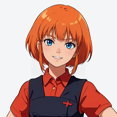 <lora:hamankarn055:0.5>,white background,solo,face focus,
elpeo_ple,1****,short hair,orange hair,bangs,sidelocks,blue eyes,
black vest,dark red shirt,short sleeves,