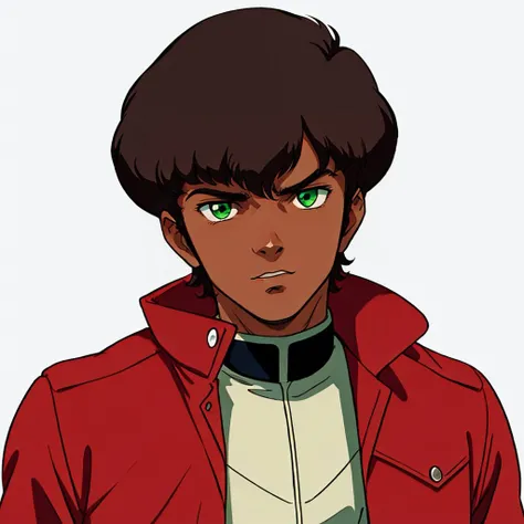<lora:hamankarn055:0.5>,white background,solo,face focus,
judau_ashta,1boy,short hair,brown hair,green eyes,dark skin,
red jacket,open jacket,