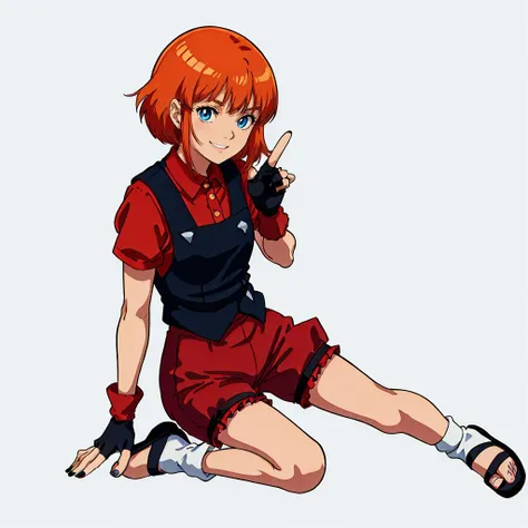 <lora:hamankarn055:0.5>,white background,solo,full body,
elpeo_ple,1loli,short hair,orange hair,bangs,sidelocks,blue eyes,
black vest,jewelry,dark red shirt,short sleeves,single glove,fingerless gloves,fingernails,
dark red short pants,frills,leg warmers,socks,sandals,