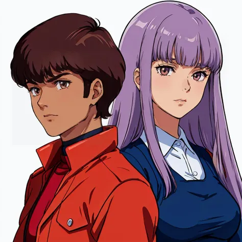 <lora:hamankarn055:0.5>,white background,
2 people,judau_ashta,1boy,short hair,brown hair,dark skin,red jacket,open jacket,
ADDCOL,
2 people,roux_louka,1girl,long hair,straight hair,light purple hair,sidelocks,bangs,brown eyes,blue dress,white shirt,collared shirt,shoulder cutout,long sleeves,