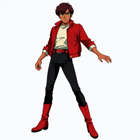<lora:hamankarn055:0.5>,white background,solo,full body,
judau_ashta,1boy,short hair,brown hair,green eyes,dark skin,
red jacket,open jacket,
black pants,belt,belt buckle,red footwear,boots,