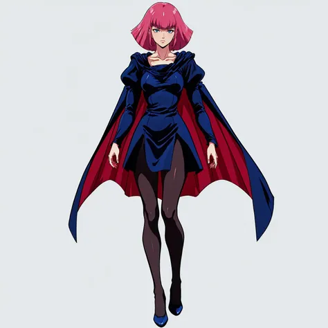 <lora:hamankarn055:0.5>,white background,solo,full body,
haman_karn,1woman,pink hair,short hair,sidelocks,bangs,eyebrows,double eyelid,blue eyes,sharp eyes,aged up,
cape,black dress,collarbone,puff sleeves,long sleeves,juliet sleeves,
pantyhose,high heels,