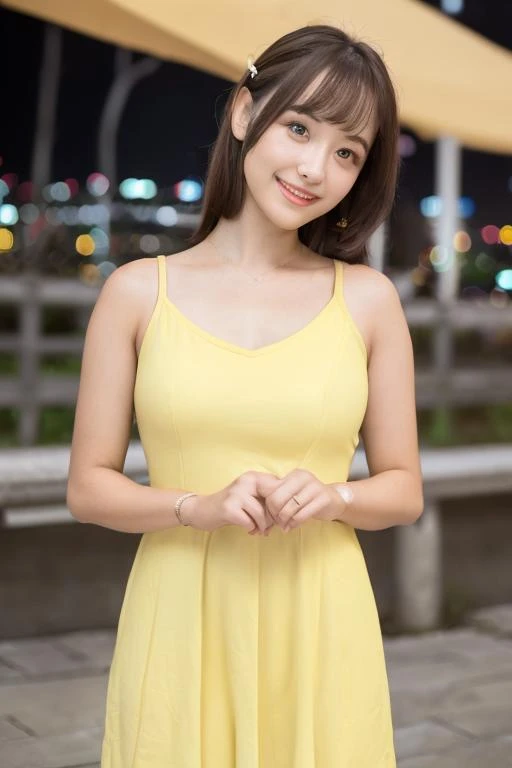 1girl, (wearing a light yellow sleeveless cotton dress:1.6),(RAW photo, best quality), (realistic, photo-realistic:1.4), masterpiece, an extremely delicate and beautiful, extremely detailed, 2k wallpaper, Amazing, finely detail, extremely detailed CG unity 8k wallpaper, ultra-detailed, highres, soft light, beautiful detailed girl, extremely detailed eyes and face, beautiful detailed nose, beautiful detailed eyes,cinematic lighting,(in the city at night:2.0),perfect anatomy,(slender body:1.6),laugh,(close up:2.0),(open eyes:1.4),(look at viewer),(front view:1.0),(japanese young girl:1.4),cinematic angle,(wavy hair), (brown eyes:1.8),(cleavage:0.8),(standing:1.8), <lora:hoshinoyashizuku_lora-03:0.8>