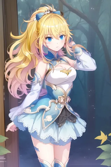 blonde hair, blue eyes, medium breasts, long hair, ponytail,, masterpiece, best quality,