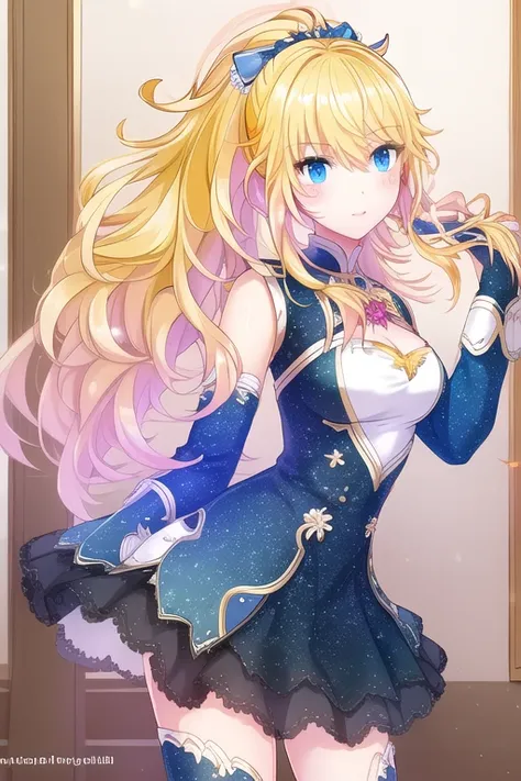 blonde hair, blue eyes, medium breasts, long hair, ponytail,, masterpiece, best quality,