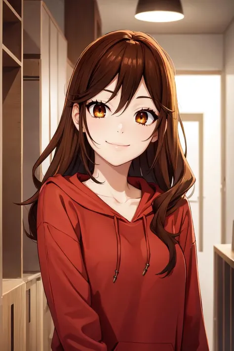 masterpiece, best quality, absurdres, hori kyouko, casual, indoors, red hoodie, portrait, upper body, smile, <lora:kyoukohori-nvwls-v1:0.9>