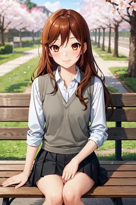 masterpiece, best quality, absurdres, hori kyouko, grey sweater vest, collared shirt, black pleated skirt, outdoors, bench, sitting, sakura blossoms, sakura tree, smile, blush, <lora:kyoukohori-nvwls-v1:0.9>