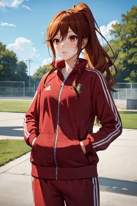masterpiece, best quality, absurdres, hori kyouko, ponytail, outdoors, park scene, track suit, track pants, sweat, flushed, <lora:kyoukohori-nvwls-v1:0.9>